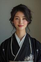 ai genererad ung asiatisk kvinna i en svart kimono och pärla pärlor på henne nacke. foto