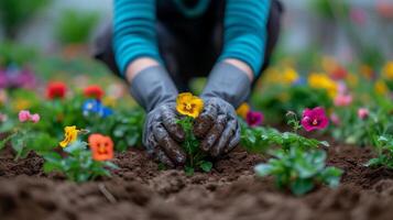 ai genererad en trädgårdsmästare plantering färgrik blommor. foto