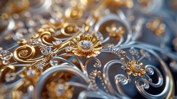 ai genererad ett invecklad gitter av sammanflätade guld och silver- filigran, visa upp delikat hantverk. foto