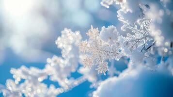 ai genererad lugn vinter- miljö, med ren vit snöflingor den där gnistra i de solsken mot en mild blå himmel. foto