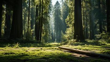 ai genererad en lugn skog clearing skede med höga redwoods och brokig solljus. foto