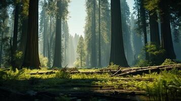 ai genererad en lugn skog clearing skede med höga redwoods och brokig solljus. foto