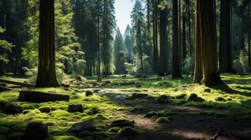 ai genererad en lugn skog clearing skede med höga redwoods och brokig solljus. foto