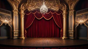 ai genererad en ledig teater skede omgiven förbi utsmyckad guld gardiner och en majestätisk röd sammet bakgrund. foto