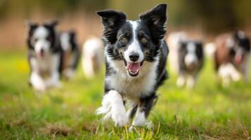 ai genererad en gräns collie vallning en grupp av vänner, visa upp intelligens och rörlighet foto