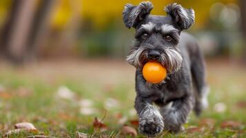 ai genererad en schnauzer njuter en spel av hämta, återvändande de boll med precision foto