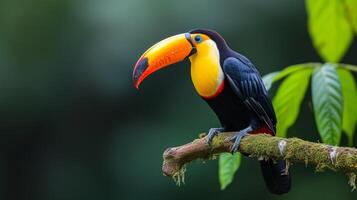 ai genererad en färgrik toucan uppflugen på en frodig gren i de hjärta av de amazon regnskog foto