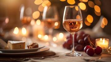 ai genererad en bild av en vin glas och ost på en romantisk tabell, godkänna restauranger. foto