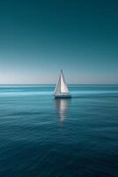 ai genererad en lugn, minimalistisk marinmålning med en enslig segelbåt på lugna, azurblå vattnen foto