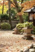 ai genererad en lugn japansk trädgård med noggrant rakat grus och lugn sten lyktor foto