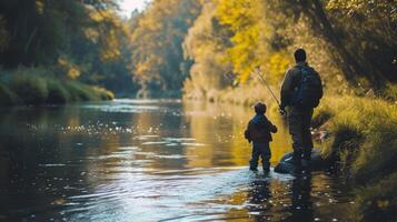 ai genererad en far och son gjutning deras fiske rader in i en fredlig flod, omgiven förbi naturens skönhet foto