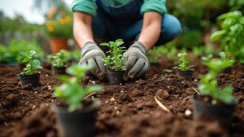 ai genererad en passionerad landskapsarkitekt plantering delikat plantor med precision i en välskött trädgård foto