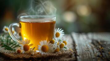 ai genererad en ångande kopp av aromatisk kamomill te med honung och en stänk av torkades kamomill blommor foto