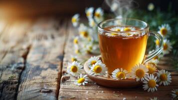 ai genererad en ångande kopp av aromatisk kamomill te med honung och en stänk av torkades kamomill blommor foto