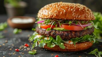 ai genererad en vegan burger med en växtbaserad pastej, avokado, groddar, och en klick av vegan mayo foto