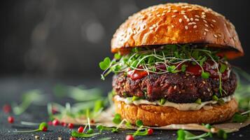 ai genererad en vegan burger med en växtbaserad pastej, avokado, groddar, och en klick av vegan mayo foto