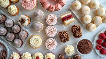 ai genererad ett över huvudet skott av en efterrätt tabell med cupcakes, kaka poppar, och macarons foto