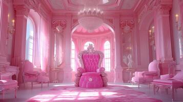 ai genererad en kunglig rosa tron Utsmyckad med ädelstenar tar Centrum skede i en slösa foto