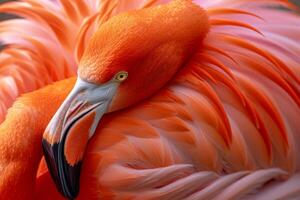 ai genererad en närbild ställer ut de eldig nyanser av en flamingo's fjädrar, en testamente till naturens artisteri foto