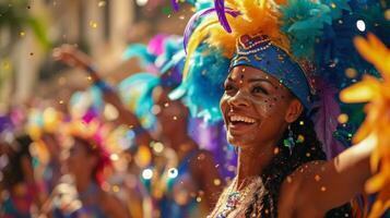 ai genererad en kalejdoskop av färger fyllningar de gator som flyter och artister dansa i de karneval procession foto