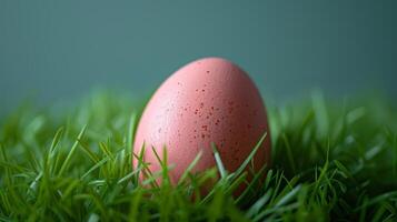 ai genererad en minimalistisk påsk ägg målad i pastell nyanser, vilar på en säng av färsk grön gräs foto