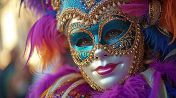 ai genererad fängslande bilder av människor påklädning invecklad masker och hänge sig åt i festlig aktiviteter under mardi gras foto
