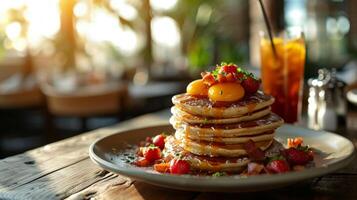 ai genererad tillfällig brunch fläckar erbjudande tröstande klassiker tycka om fluffig pannkakor foto