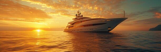 ai genererad lyx Yacht segling i de hav på solnedgång foto
