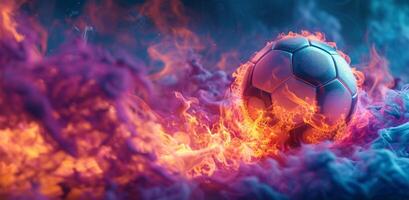 ai genererad de fotboll boll är brinnande i en röd flamma foto