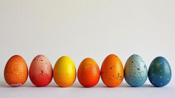 ai genererad minimalistisk Foto highlighting färgrik påsk ägg anordnad graciöst på en vit bakgrund