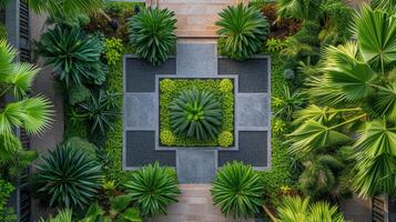 ai genererad enkel än slående bild terar de balanserad arrangemang av växter och strukturer i en designer trädgård foto