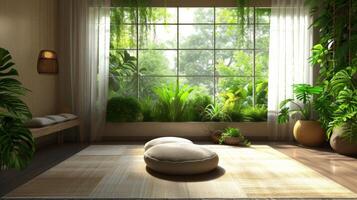 ai genererad en fredlig meditation rum Utsmyckad med växter och naturlig element foto