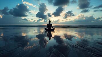 ai genererad en silhuett meditatör praktiserande yoga på en lugn strand, ansluter sinne, kropp, och anda foto