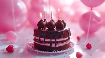 ai genererad barnslig choklad födelsedag kaka med ljus på vit golv i de förgrund foto