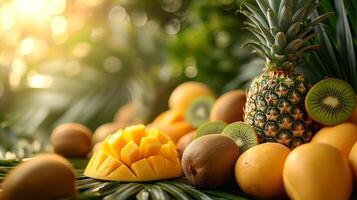 ai genererad en lugn bakgrund terar tropisk frukt tycka om ananas, mango foto