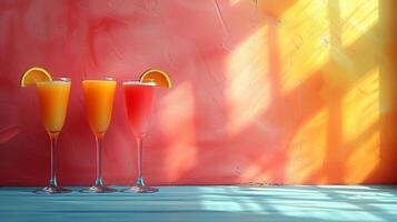 ai genererad en minimalistisk bakgrund terar färgrik sommar cocktails framkallar de atmosfär av en tropisk flykt foto