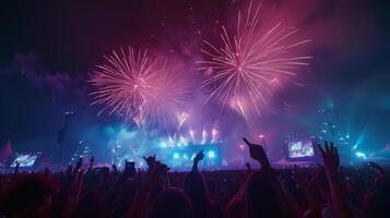 ai genererad vibrerande fyrverkeri belysande de natt himmel under en musik festival, skapande en fascinerande skådespel foto