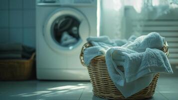 ai genererad korg av handdukar och tvätt i främre av tvättning maskin foto