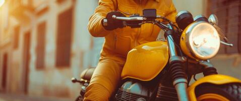 ai genererad en man innehav en hjälm på en gul motorcykel, i de stil av annons inspirerad, gul och orange foto