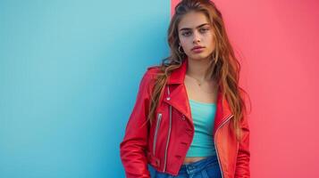 ai genererad en ung skön flicka i en röd cyklist jacka och blå jeans står på en ljus bakgrund och utseende på kamera foto