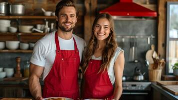 ai genererad skön ung Lycklig par i röd förkläden bakning pannkakor tillsammans i en modern kök foto