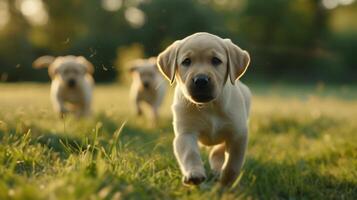 ai genererad labrador valpar är strömmande genom en grön äng. de är ser på de kamera foto