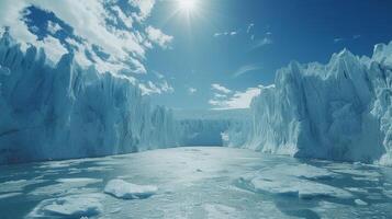 ai genererad de majestätisk skönhet av en glaciär, med höga is väggar och skimrande blå sprickor ristade foto