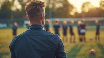 ai genererad en ung stilig tränare står i främre av en team av Pojkar fotboll spelare. foto