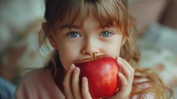 ai genererad skön flicka 12 år gammal biter av en stor saftig äpple, foto