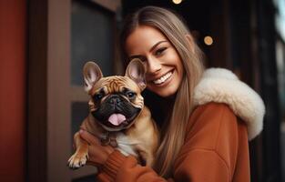 ai genererad Lycklig kvinna innehav franska bulldogg foto