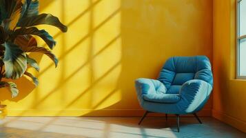 ai genererad minimalistisk gul interiör med en ljus blå modern fåtölj, ficus foto