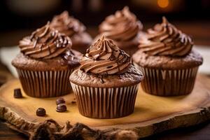 ai genererad utsökt choklad muffins på en trä- tallrik foto