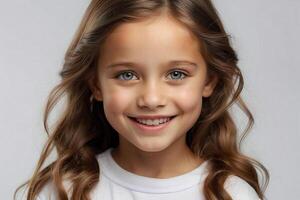 ai genererad porträtt av en skön ung flicka leende på de kamera. isolerat på en enkel bakgrund. studio fotografi. PR bild. foto