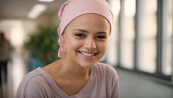 ai genererad smiley stark flicka stridande cancer med rosa scarf på de huvud foto